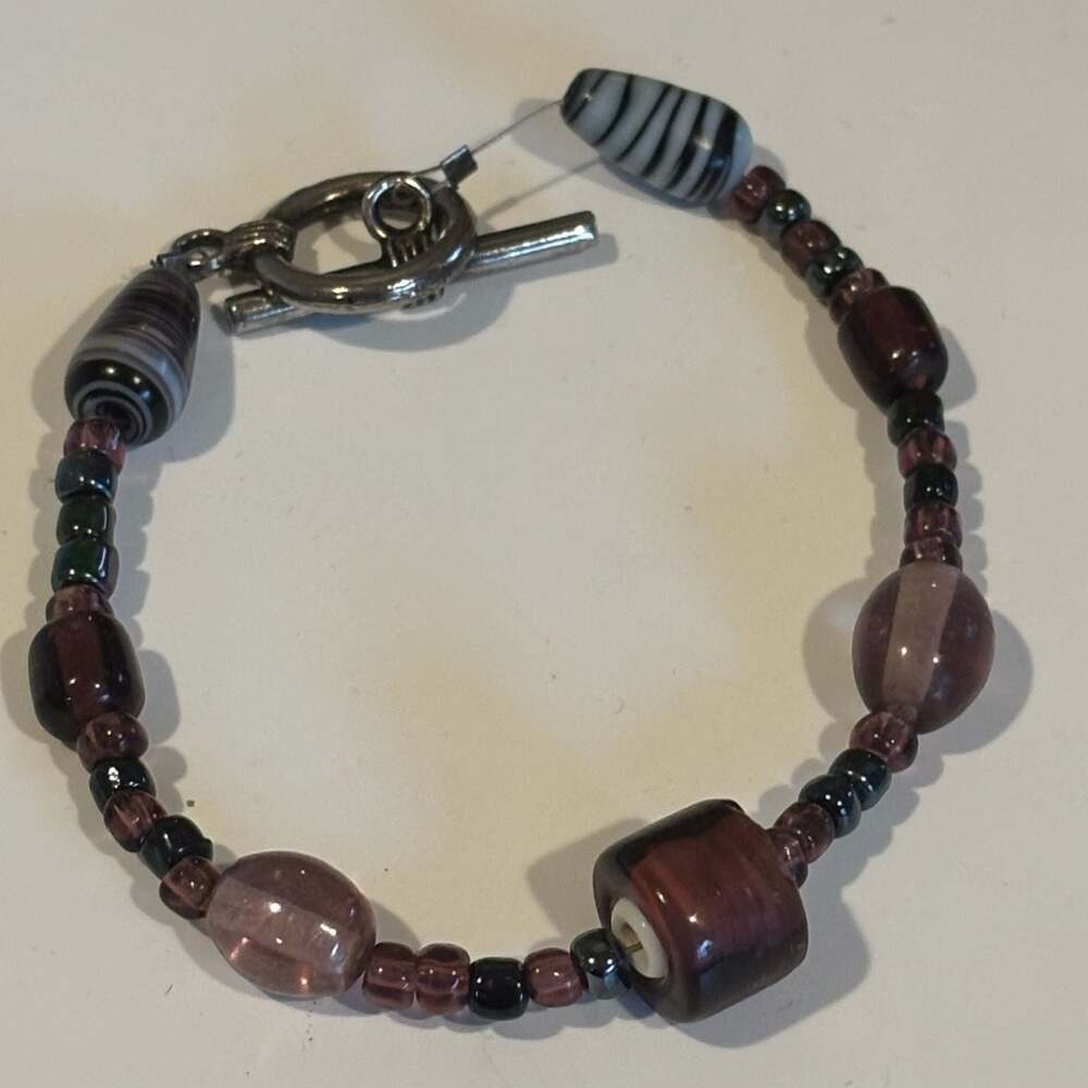 Handmade Purple Glass and Seed Bead Bracelet Striped Beads